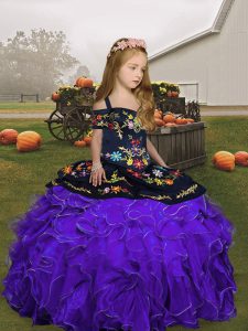 Purple Organza Lace Up Straps Sleeveless Floor Length Pageant Dress Toddler Embroidery and Ruffles