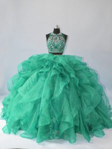 Best Turquoise Sleeveless Brush Train Beading and Ruffles Sweet 16 Quinceanera Dress