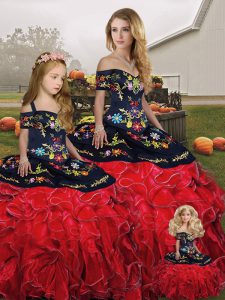 Custom Made Red And Black Lace Up Sweet 16 Quinceanera Dress Embroidery and Ruffles Sleeveless Floor Length