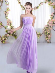 Delicate Strapless Sleeveless Sweep Train Lace Up Quinceanera Dama Dress Lavender Chiffon