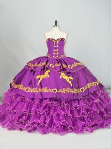 New Arrival Purple Lace Up Sweetheart Embroidery and Ruffles Quinceanera Gown Satin and Organza Sleeveless Brush Train