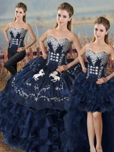 Sweetheart Sleeveless Satin and Organza Quinceanera Gown Embroidery and Ruffles Lace Up