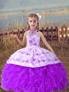 Gorgeous Lavender Kids Pageant Dress Wedding Party with Beading and Embroidery and Ruffles Halter Top Sleeveless Lace Up