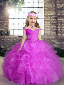 Organza Straps Sleeveless Lace Up Beading and Ruffles Little Girls Pageant Dress Wholesale in Fuchsia