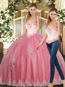 Floor Length Ball Gowns Sleeveless Watermelon Red 15th Birthday Dress Lace Up