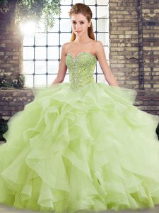 Yellow Green Sleeveless Beading and Ruffles Lace Up Quinceanera Gown