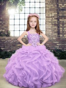 Beading and Ruffles Little Girl Pageant Dress Lavender Lace Up Sleeveless Floor Length