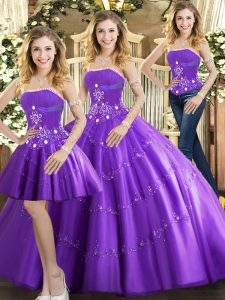 Strapless Sleeveless Sweet 16 Quinceanera Dress Floor Length Beading Purple Tulle
