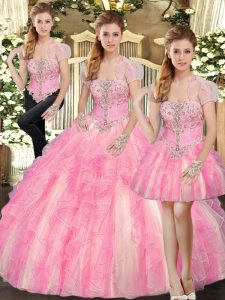 Floor Length Baby Pink Vestidos de Quinceanera Tulle Sleeveless Beading and Ruffles