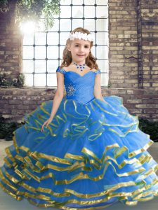 Sleeveless Tulle Floor Length Lace Up Little Girl Pageant Dress in Blue with Beading and Ruffled Layers and Ruching