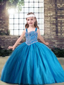 Trendy Blue Sleeveless Floor Length Beading Lace Up Little Girl Pageant Gowns