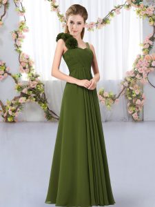 Extravagant Olive Green Empire Chiffon Straps Sleeveless Hand Made Flower Floor Length Lace Up Court Dresses for Sweet 16