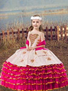 Fuchsia Straps Lace Up Beading and Embroidery and Ruffled Layers Kids Pageant Dress Sleeveless
