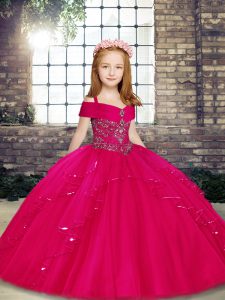 Trendy Fuchsia Lace Up Little Girls Pageant Dress Wholesale Beading Sleeveless Floor Length