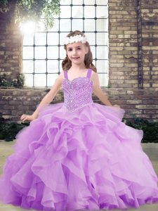 Sleeveless Lace Up Floor Length Beading and Ruffles Pageant Gowns For Girls