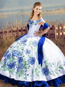 Blue And White Off The Shoulder Lace Up Embroidery and Ruffles Quinceanera Gown Sleeveless