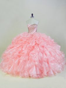 Fitting Peach Organza Lace Up 15 Quinceanera Dress Sleeveless Beading and Ruffles