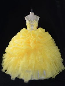 Organza Sleeveless Floor Length Vestidos de Quinceanera and Beading and Ruffles and Pick Ups