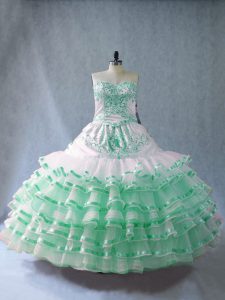 Customized Apple Green Lace Up Sweetheart Embroidery and Ruffled Layers Quince Ball Gowns Organza Sleeveless