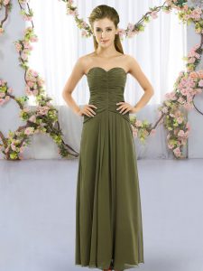 Lovely Floor Length Olive Green Court Dresses for Sweet 16 Chiffon Sleeveless Ruching