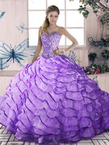 Sexy Lavender Sleeveless Beading and Ruffled Layers Floor Length 15 Quinceanera Dress