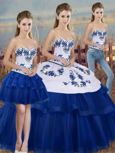 Floor Length Three Pieces Sleeveless Royal Blue Quince Ball Gowns Lace Up