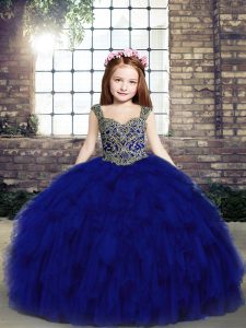 Sleeveless Beading and Ruffles Lace Up Little Girl Pageant Gowns with Royal Blue