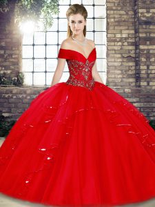Elegant Red Lace Up Off The Shoulder Beading and Ruffles 15 Quinceanera Dress Tulle Sleeveless