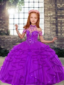 Ball Gowns Little Girl Pageant Gowns Purple High-neck Tulle Sleeveless Floor Length Lace Up