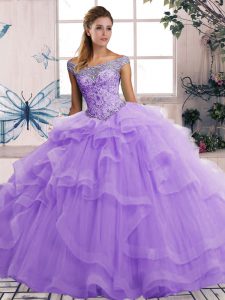 Custom Fit Off The Shoulder Sleeveless Sweet 16 Quinceanera Dress Floor Length Beading and Ruffles Lavender Tulle