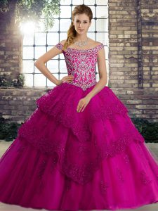 Exquisite Fuchsia Tulle Lace Up Sweet 16 Dresses Sleeveless Brush Train Beading and Lace