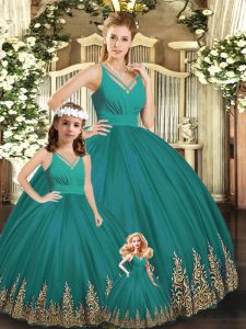Custom Design Floor Length Turquoise Sweet 16 Quinceanera Dress Tulle Sleeveless Embroidery
