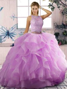 Lilac Lace Up Vestidos de Quinceanera Beading and Ruffles Sleeveless Floor Length