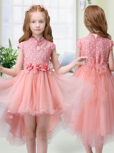 High Low Peach Little Girl Pageant Dress Organza Cap Sleeves Lace and Hand Made Flower