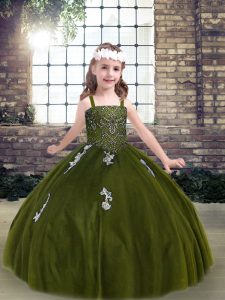 Customized Floor Length Olive Green Little Girl Pageant Dress Tulle Sleeveless Appliques