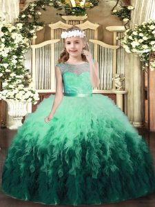 Multi-color Ball Gowns Tulle Scoop Sleeveless Lace and Ruffles Floor Length Backless Kids Pageant Dress