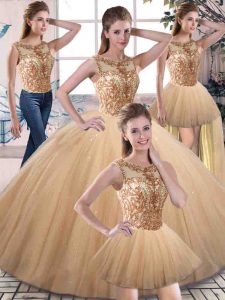 Affordable Floor Length Gold Quinceanera Gown Tulle Sleeveless Beading