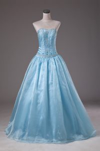 Discount Baby Blue Ball Gowns Organza Strapless Sleeveless Beading Floor Length Lace Up Vestidos de Quinceanera