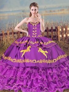 Purple Ball Gowns Sweetheart Sleeveless Organza Lace Up Embroidery and Ruffled Layers Quinceanera Gown