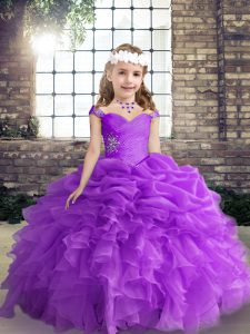 Purple Sleeveless Beading and Ruffles and Pick Ups Floor Length Little Girl Pageant Dress