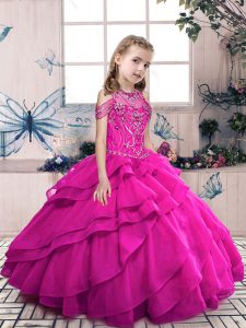 Admirable Fuchsia Ball Gowns Organza Halter Top Sleeveless Beading and Ruffles Floor Length Lace Up Little Girls Pageant Gowns
