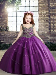 Most Popular Straps Sleeveless Tulle Little Girl Pageant Gowns Beading Lace Up