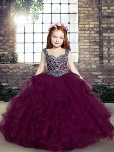 Purple Sleeveless Floor Length Beading and Ruffles Lace Up Kids Pageant Dress