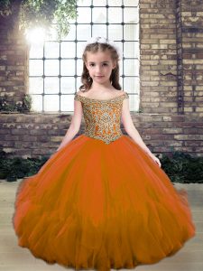 Amazing Brown Ball Gowns Off The Shoulder Sleeveless Tulle Floor Length Lace Up Beading Pageant Gowns For Girls