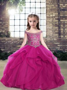 High Class Floor Length Ball Gowns Sleeveless Fuchsia Pageant Dress Toddler Lace Up