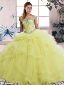 Yellow Off The Shoulder Neckline Beading and Ruffles 15th Birthday Dress Sleeveless Lace Up