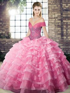 Suitable Rose Pink Lace Up Off The Shoulder Beading and Ruffled Layers Quince Ball Gowns Organza Sleeveless Brush Train