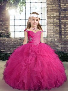 Latest Fuchsia Straps Lace Up Beading and Ruffles Pageant Gowns Sleeveless