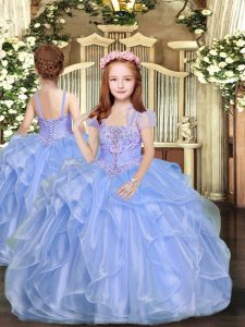 Blue Organza Lace Up Little Girls Pageant Gowns Sleeveless Floor Length Beading