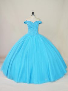 Modern Blue Tulle Lace Up Sweet 16 Dresses Sleeveless Floor Length Beading